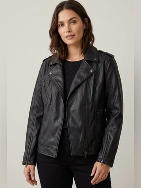 Classic Black Faux Leather Moto Jacket - Women's